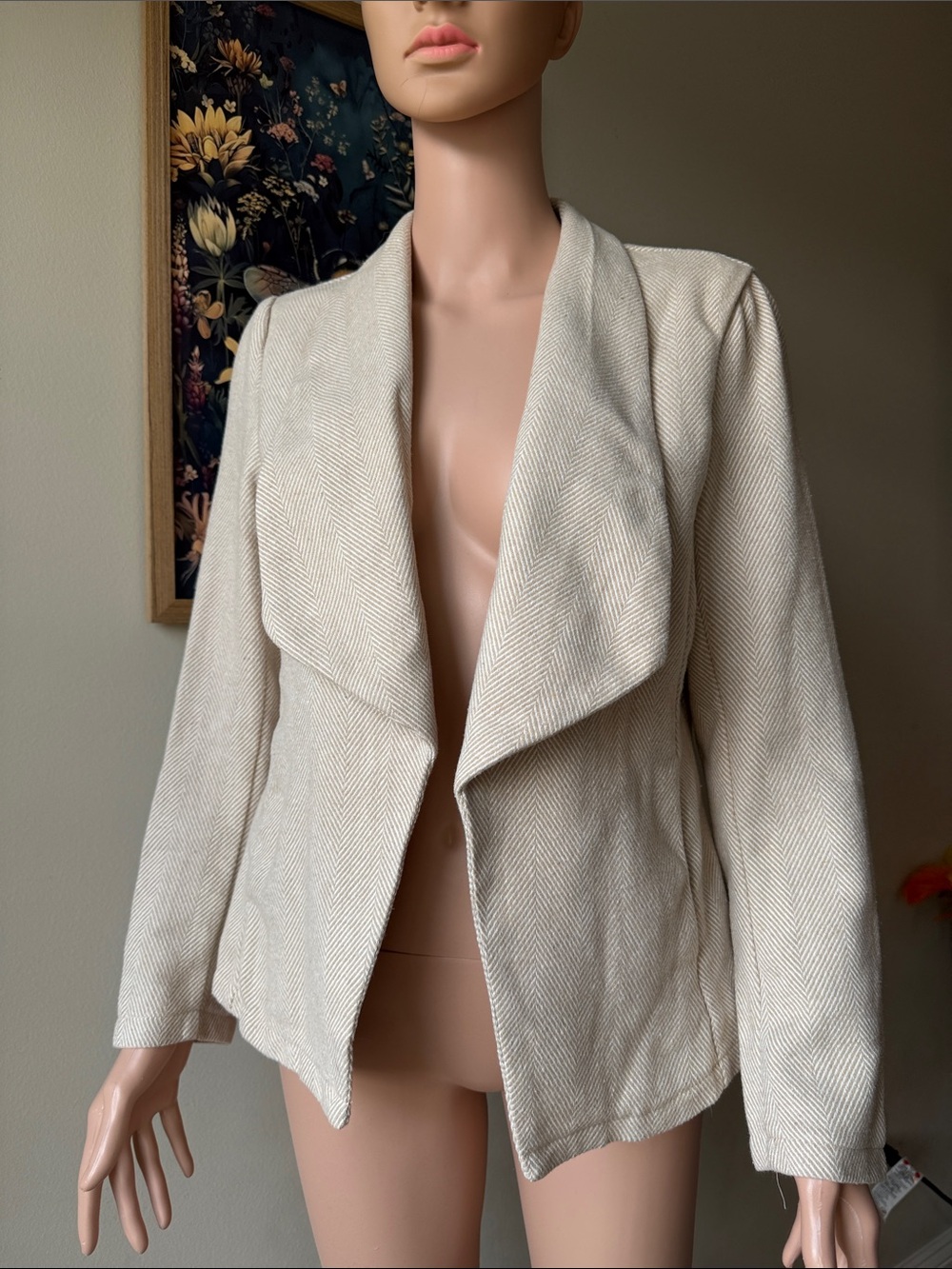 SHEIN Cream Herringbone Draped Open Front Blazer